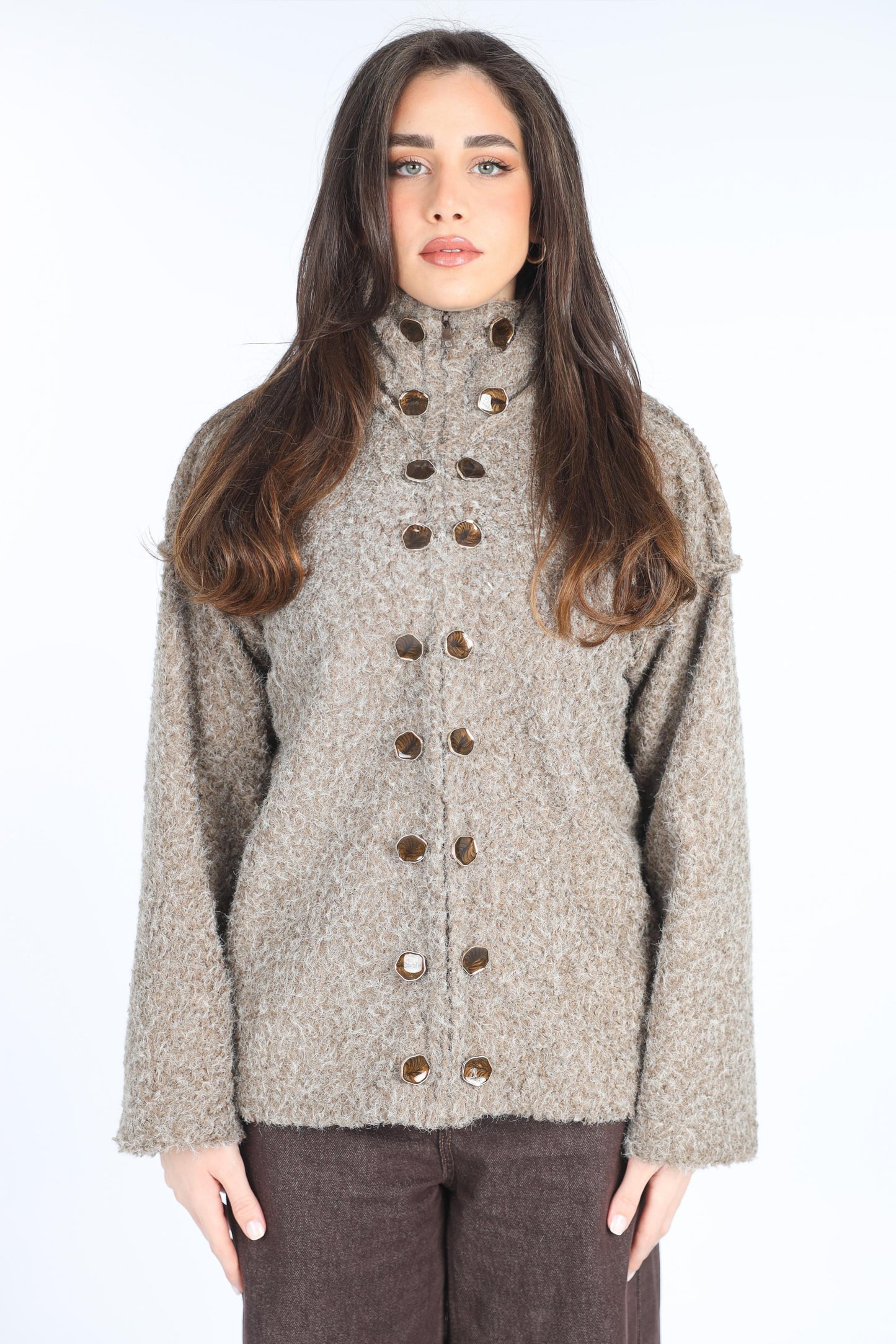 beige buttoned jacket