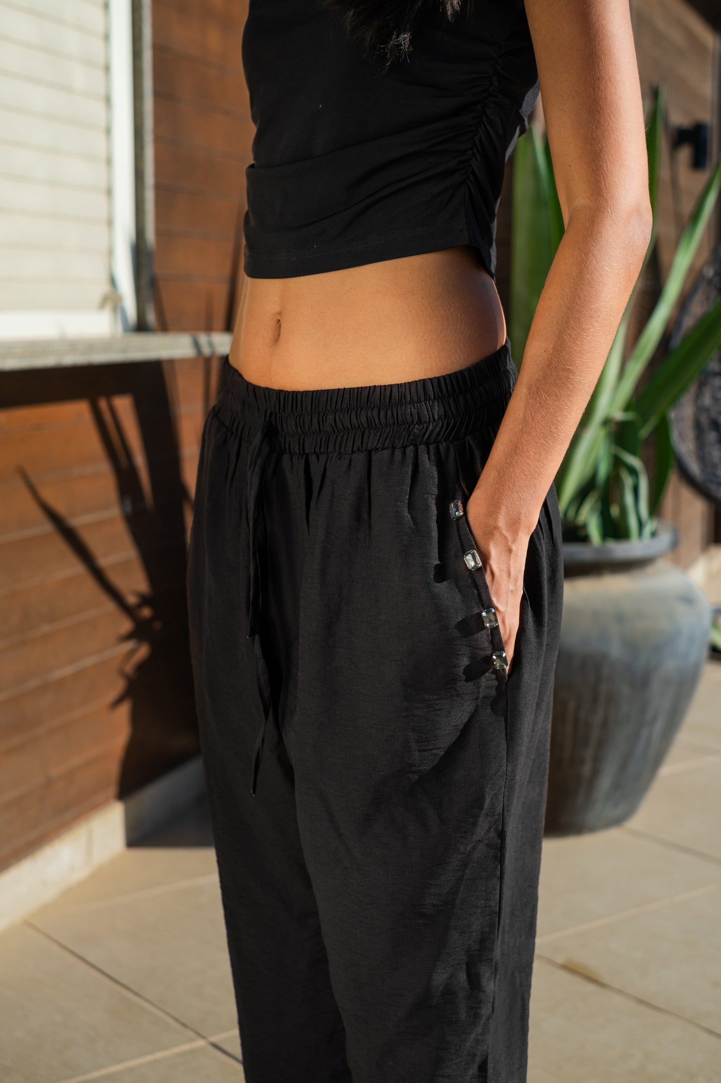 Unisex Black Beaded linen Pants